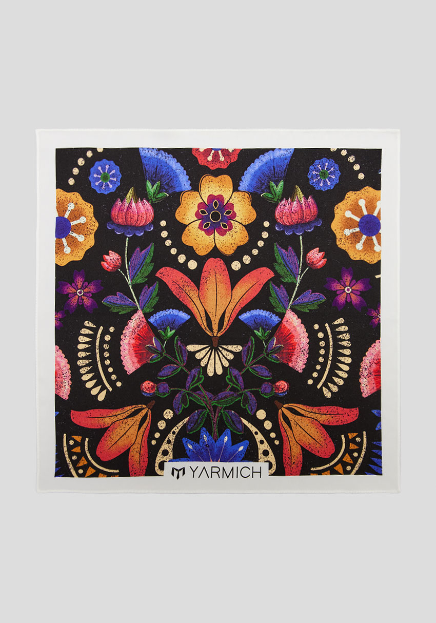 CLASSIC MEN'S POCKET SQUARE BLACK FLOWER PRINT, Photo 1