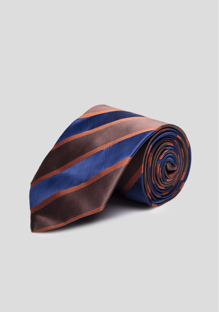 CLASSIC MEN'S TIE BROWN WITH BLUE AND ORANGE STRIP