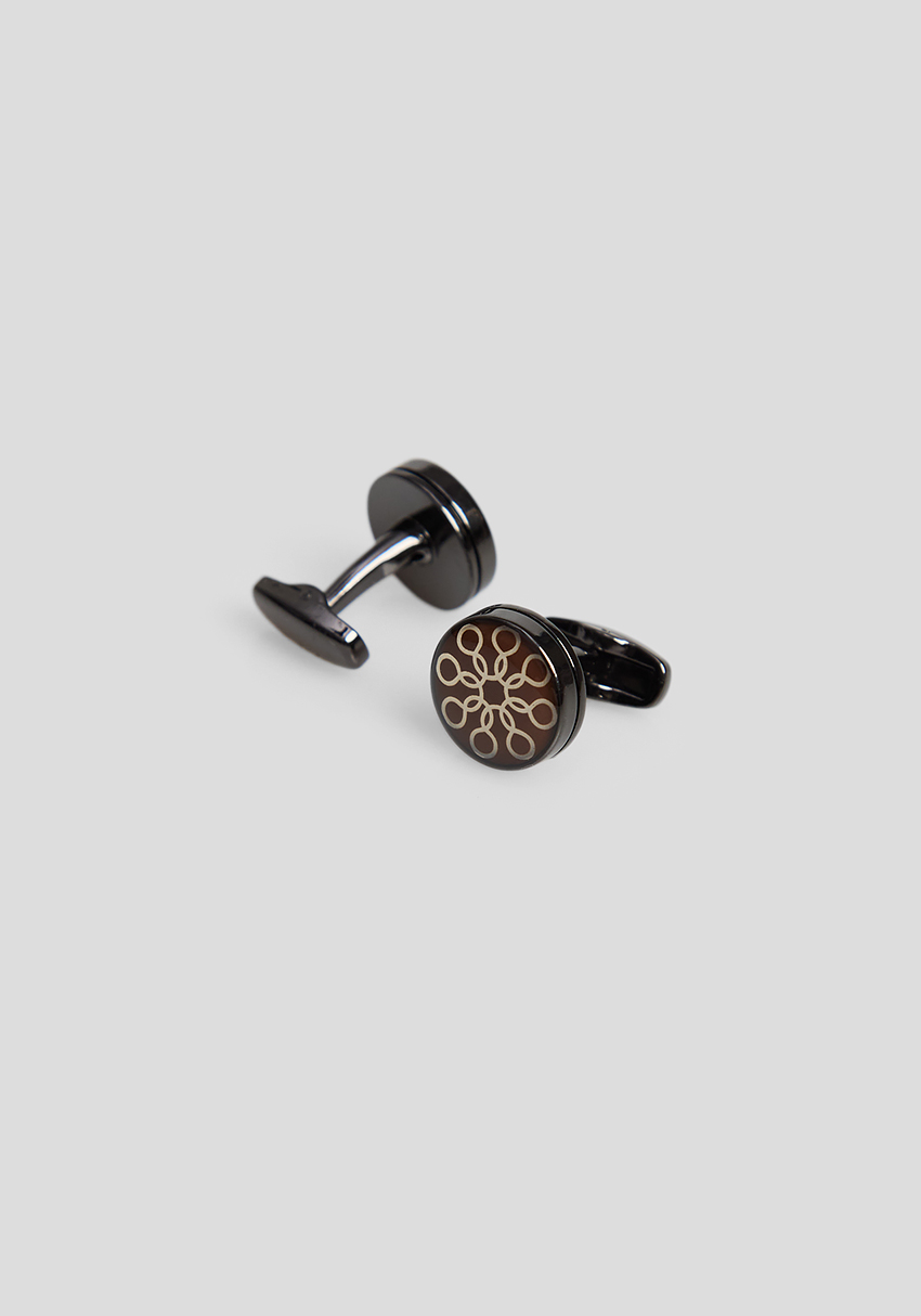 CLASSIC MEN'S CUFFLINKS BROWN ROUND, Photo 1