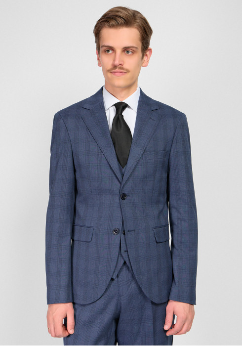 КЛАСИЧНИЙ ЧОЛОВІЧИЙ КОСТЮМ ОДНОБОРТНИЙ ТЕМНО-СИНІЙ В КЛІТИНКУ ТРІЙКА