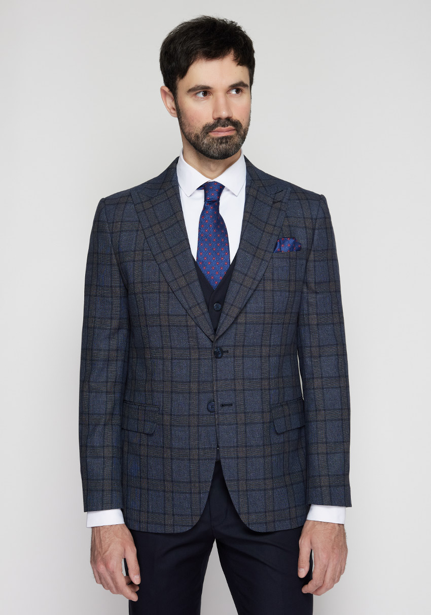 CLASSIC MEN'S THREE-SUIT BLUE WITH BROWN CHECK, Photo 1