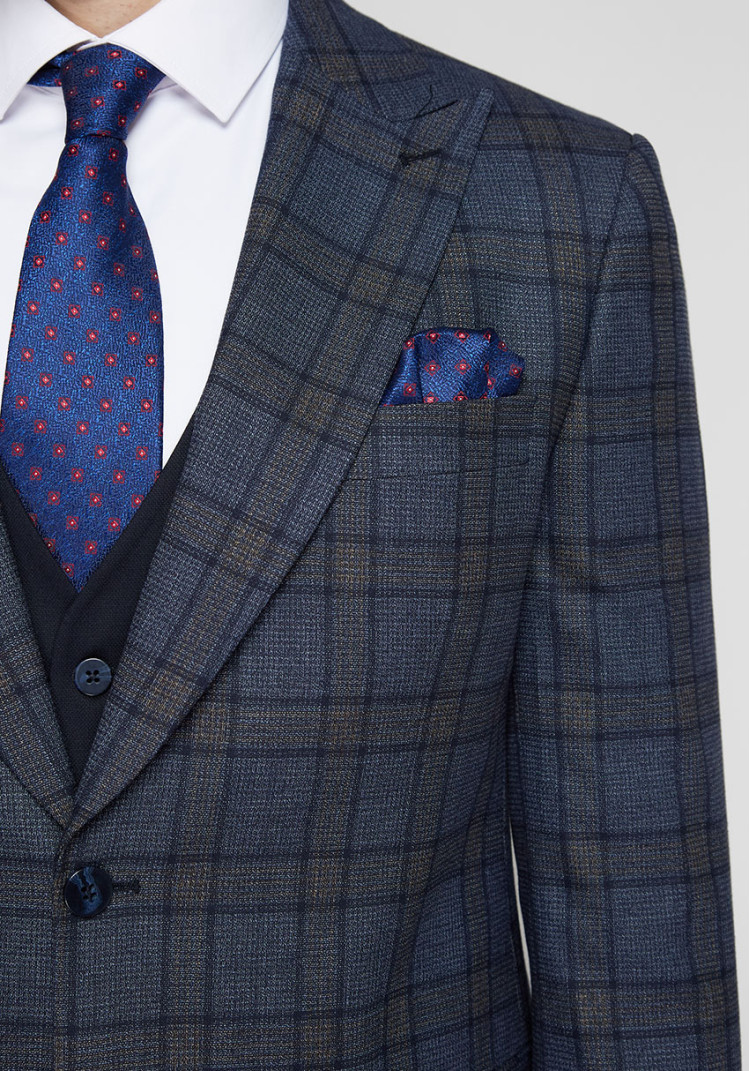 CLASSIC MEN'S THREE-SUIT BLUE WITH BROWN CHECK, Photo 1