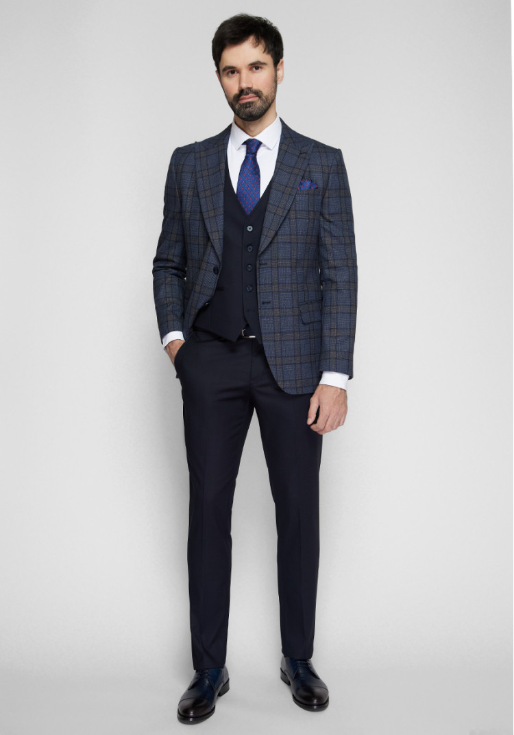 CLASSIC MEN'S THREE-SUIT BLUE WITH BROWN CHECK, Photo 2