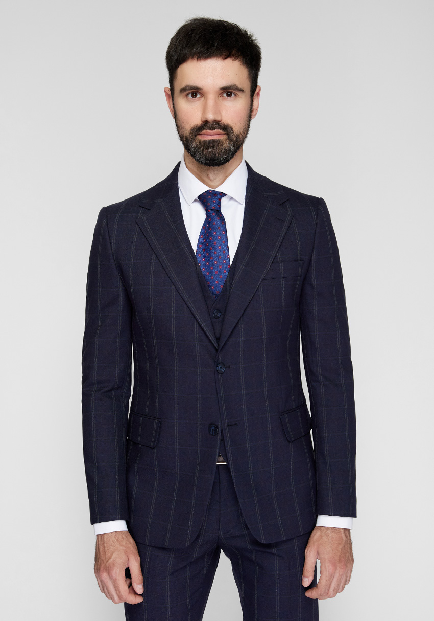 Classic men's three-suit dark blue with green check, Photo 1