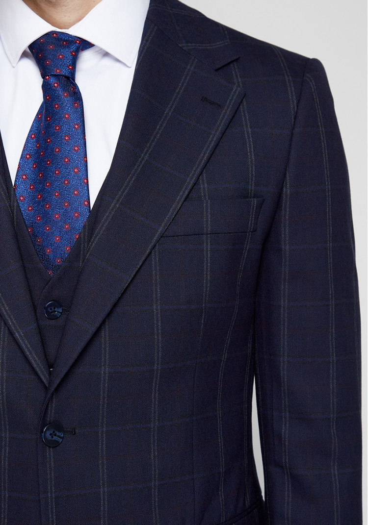 Classic men's three-suit dark blue with green check, Photo 1