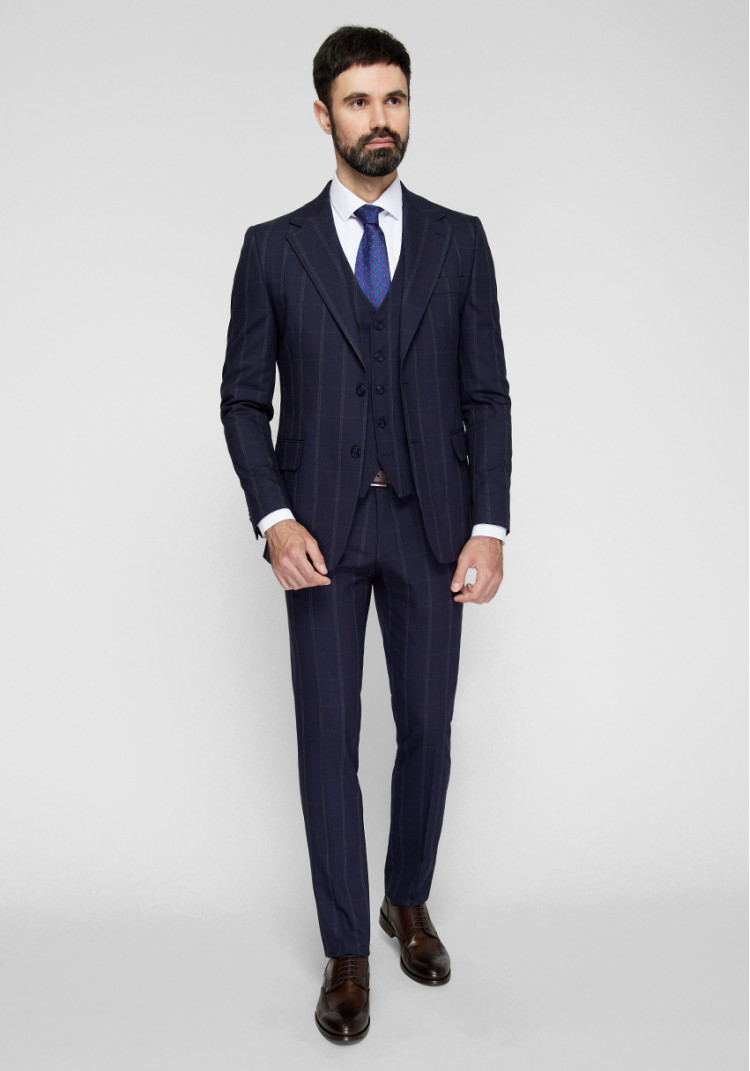 Classic men's three-suit dark blue with green check, Photo 2
