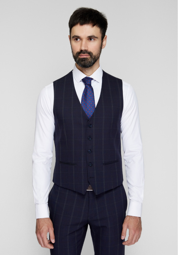 Classic men's three-suit dark blue with green check, Photo 4