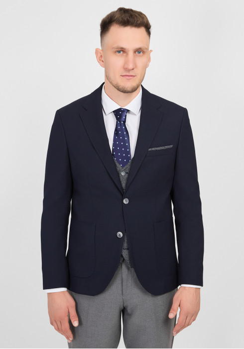 КЛАСИЧНИЙ ЧОЛОВІЧИЙ КОСТЮМ ТРІЙКА ТЕМНО-СИНІЙ З СІРИМИ БРЮКАМИ