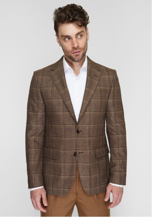 КЛАСИЧНИЙ ЧОЛОВІЧИЙ ПІДЖАК КОРИЧНЕВИЙ В ЧОРНУ КЛІТИНКУ
