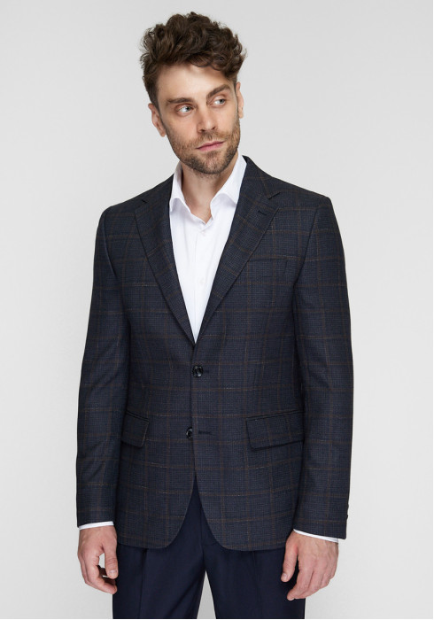 КЛАСИЧНИЙ ЧОЛОВІЧИЙ ПІДЖАК ТЕМНО-СИНІЙ В КОРИЧНЕВУ КЛІТИНКУ
