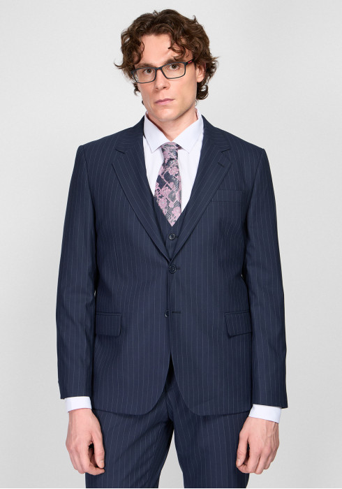 КЛАСИЧНИЙ ЧОЛОВІЧИЙ КОСТЮМ ТРІЙКА ОДНОБОРТНИЙ ТЕМНО-СИНІЙ В СМУЖКУ