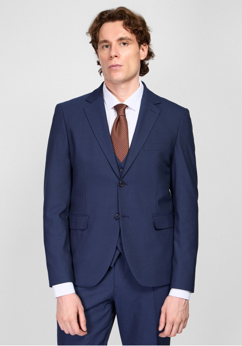 КЛАСИЧНИЙ ЧОЛОВІЧИЙ КОСТЮМ ТРІЙКА ОДНОБОРТНИЙ ТЕМНО-СИНІЙ В КЛІТИНКУ