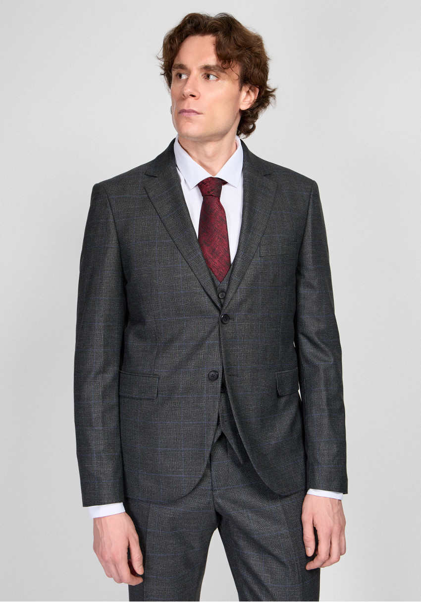 КЛАСИЧНИЙ ЧОЛОВІЧИЙ КОСТЮМ ТРІЙКА ОДНОБОРТНИЙ ТЕМНО-СІРИЙ В СИНЮ КЛІТИНКУ, Фото 1