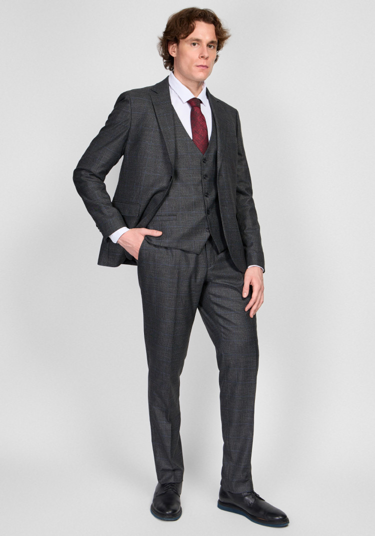 КЛАСИЧНИЙ ЧОЛОВІЧИЙ КОСТЮМ ТРІЙКА ОДНОБОРТНИЙ ТЕМНО-СІРИЙ В СИНЮ КЛІТИНКУ, Фото 2