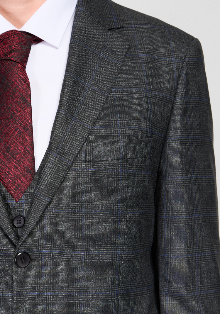 КЛАСИЧНИЙ ЧОЛОВІЧИЙ КОСТЮМ ТРІЙКА ОДНОБОРТНИЙ ТЕМНО-СІРИЙ В СИНЮ КЛІТИНКУ, Фото 1