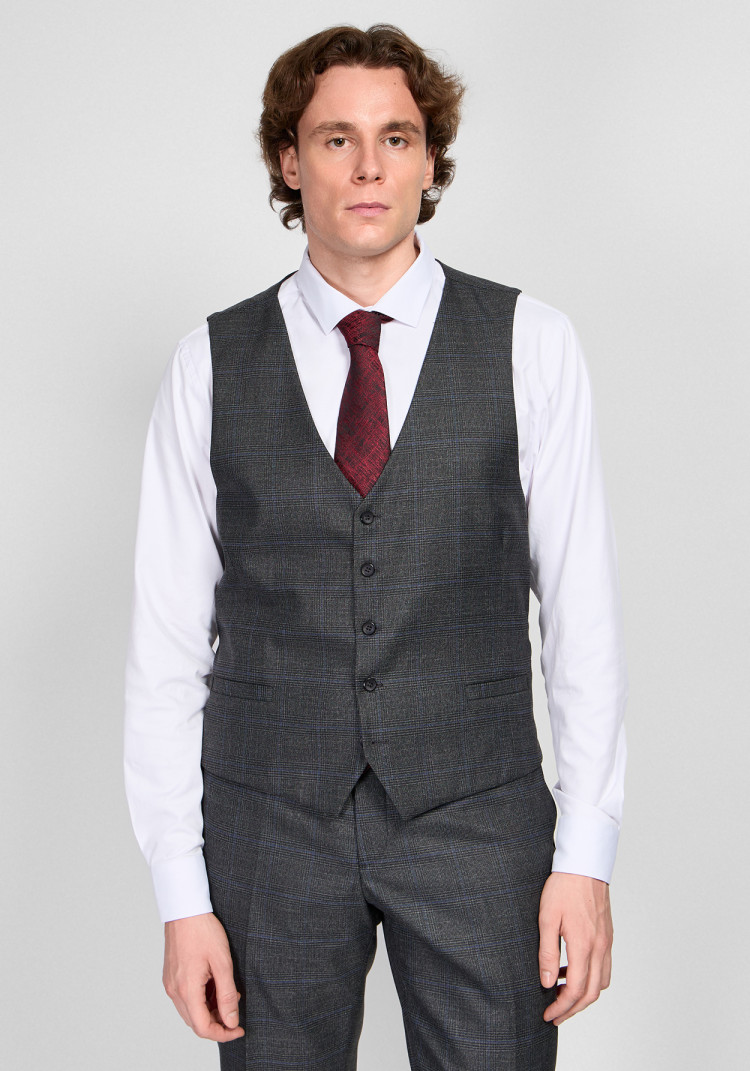 КЛАСИЧНИЙ ЧОЛОВІЧИЙ КОСТЮМ ТРІЙКА ОДНОБОРТНИЙ ТЕМНО-СІРИЙ В СИНЮ КЛІТИНКУ, Фото 3