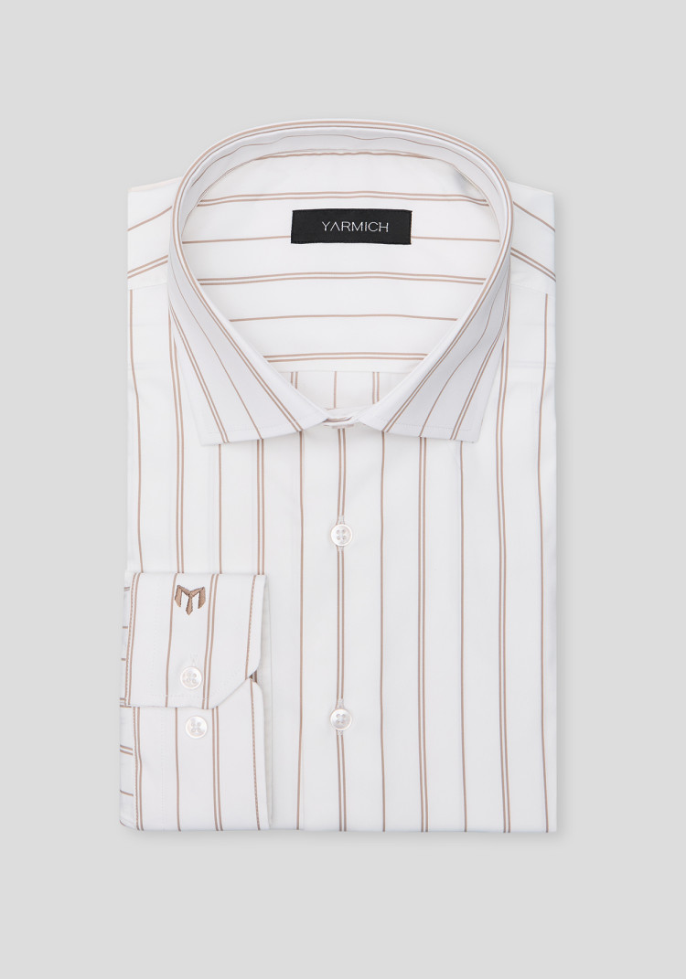 КЛАСИЧНА ЧОЛОВІЧА СОРОЧКА БІЛА В БЕЖЕВУ СМУЖКУ