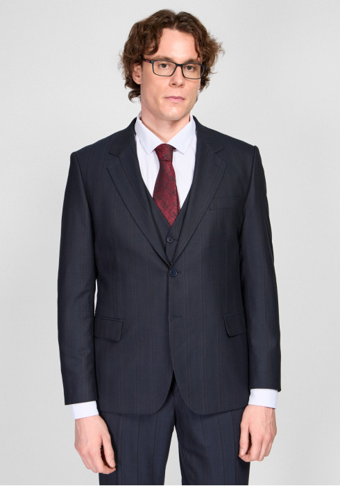 КЛАСИЧНИЙ ЧОЛОВІЧИЙ КОСТЮМ ТРІЙКА ОДНОБОРТНИЙ ТЕМНО-СИНІЙ В СМУЖКУ