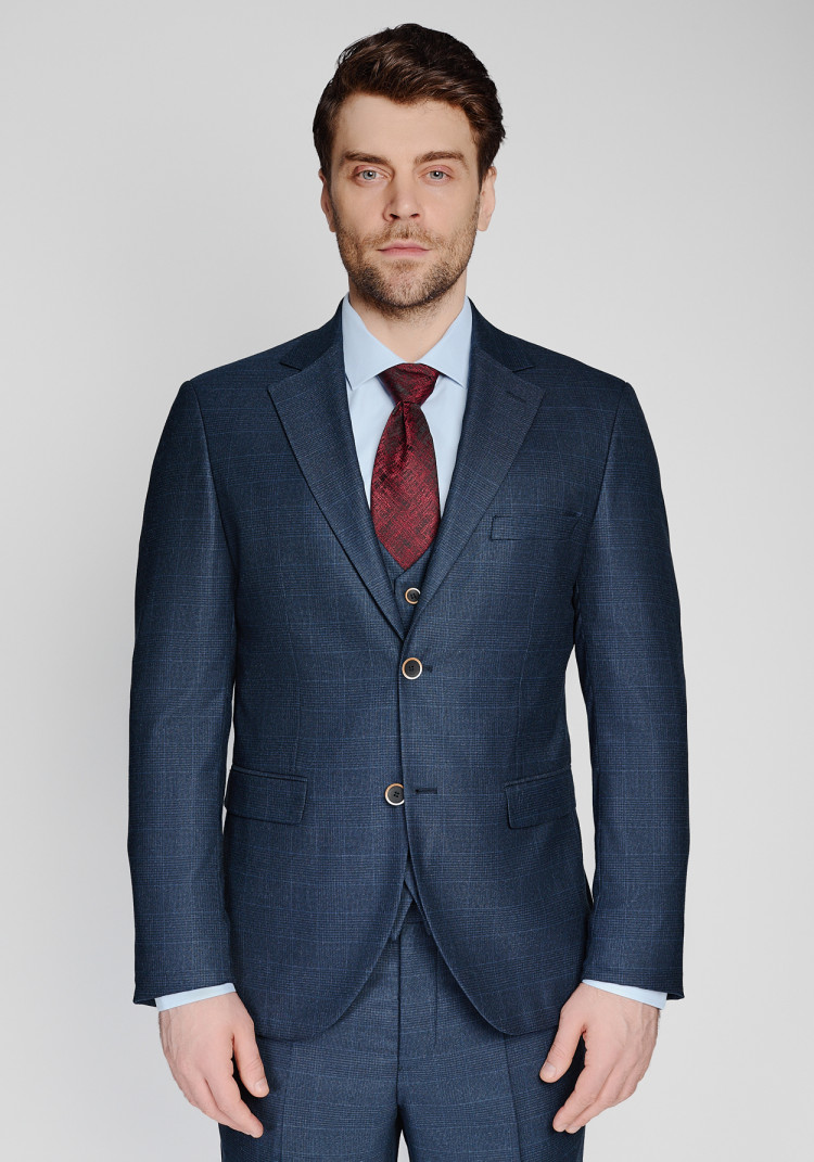 КЛАСИЧНИЙ ЧОЛОВІЧИЙ КОСТЮМ ТРІЙКА ТЕМНО-СИНІЙ В КЛІТИНКУ