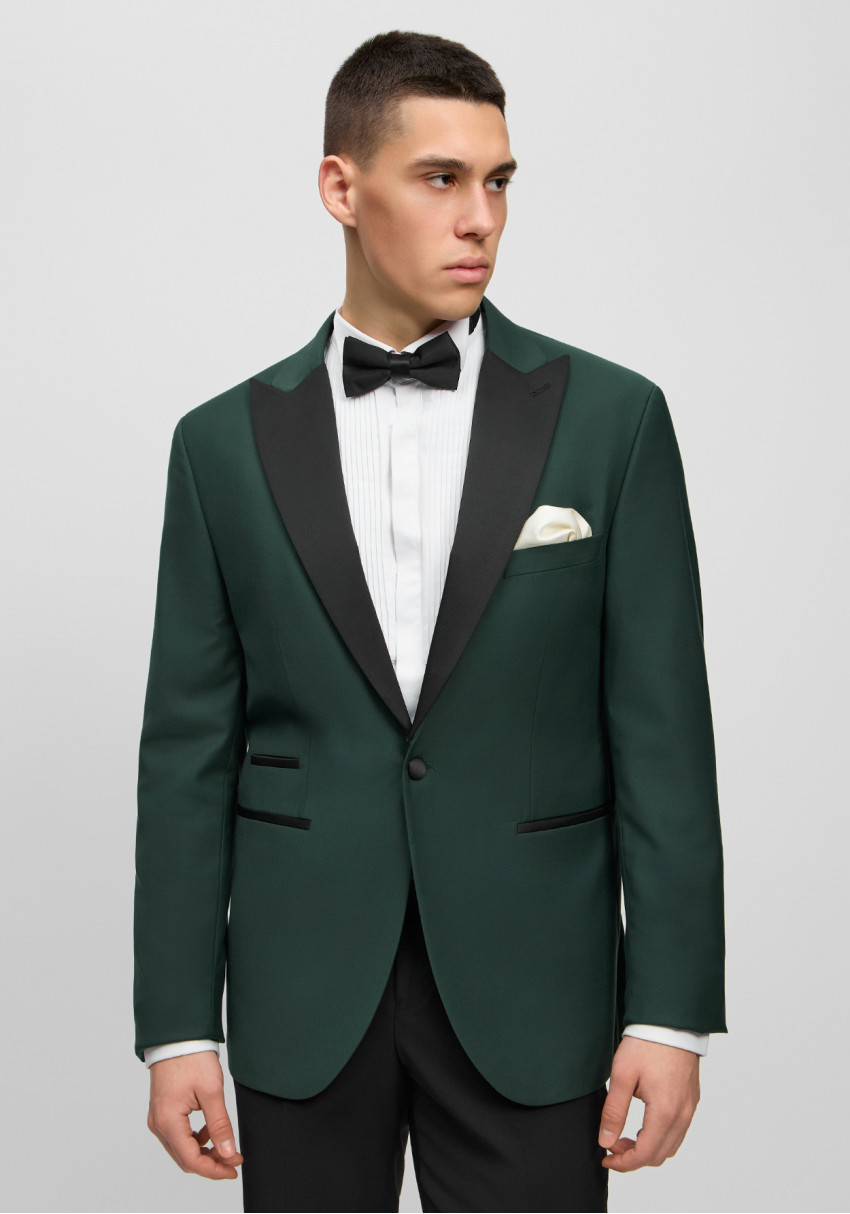 Класичний чоловічий піджак під смокінг зелений з чорним лацканом, Фото 1