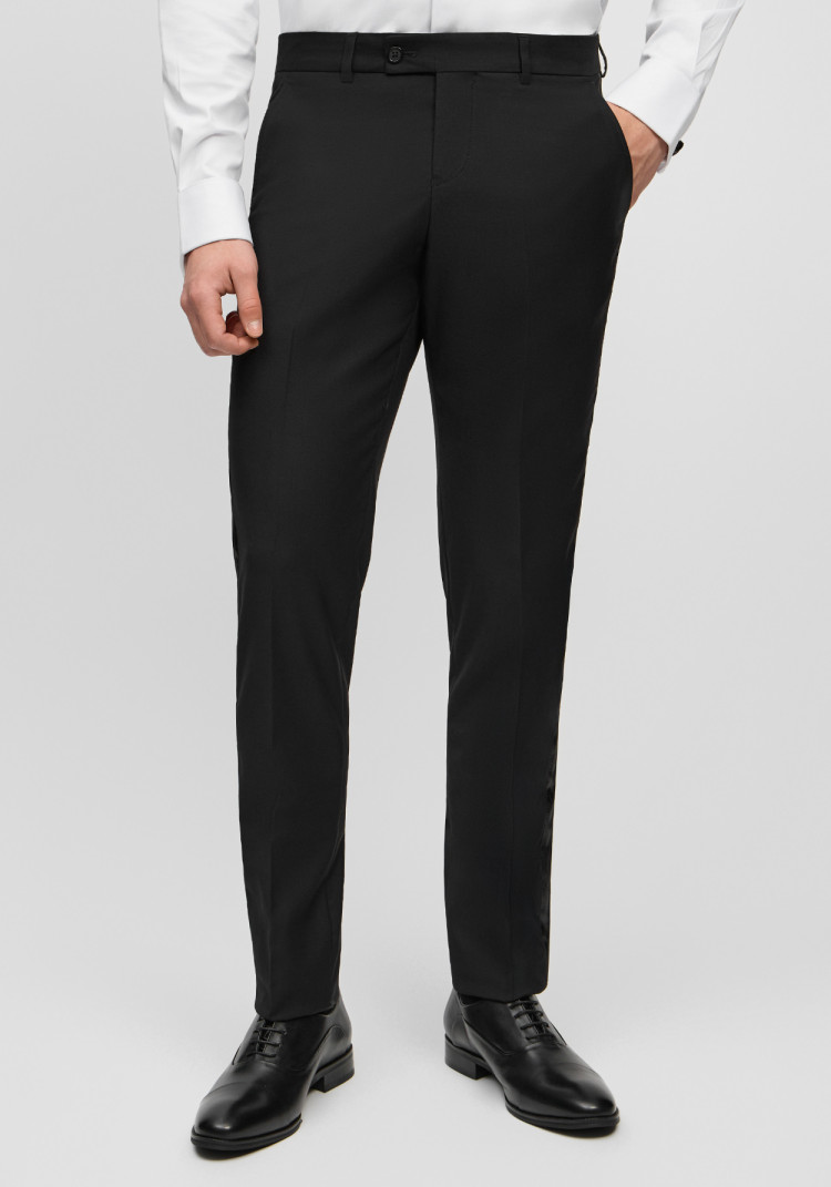 Classic men's tuxedo pants, black solid color with side stripes