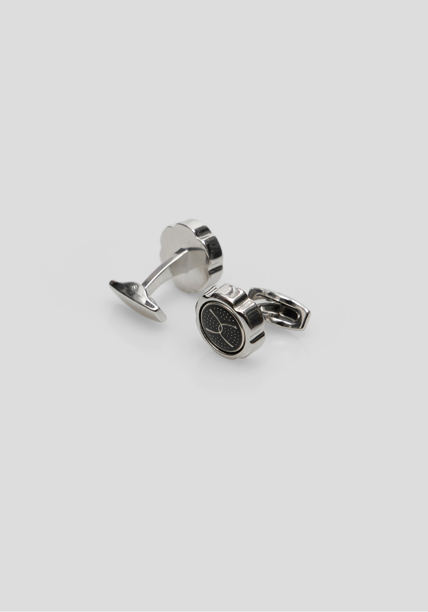 Men's metal cufflinks, silver with black accent, Photo 1