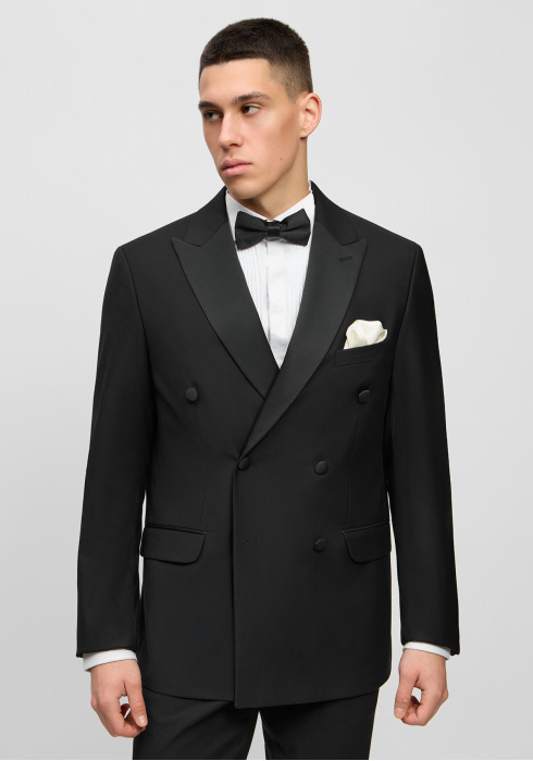 Класичний чоловічий піджак двобортний під смокінг чорний з гострим лацканом 