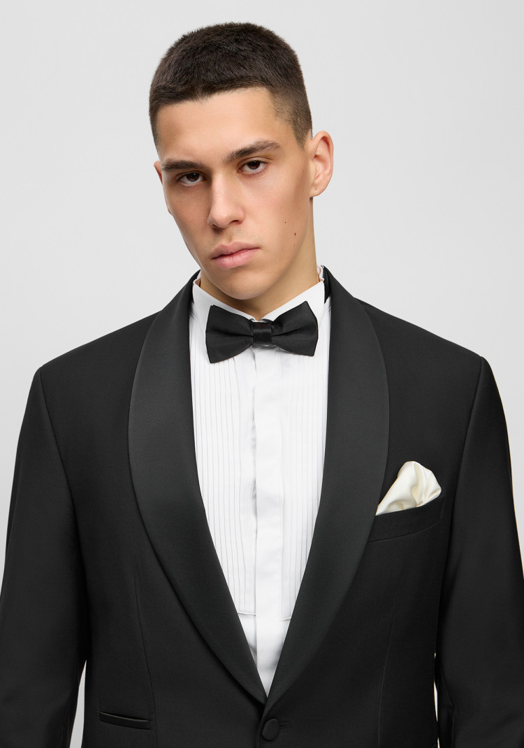 Класичний чоловічий смокінг трійка чорний з шалевим лацканом, Фото 1