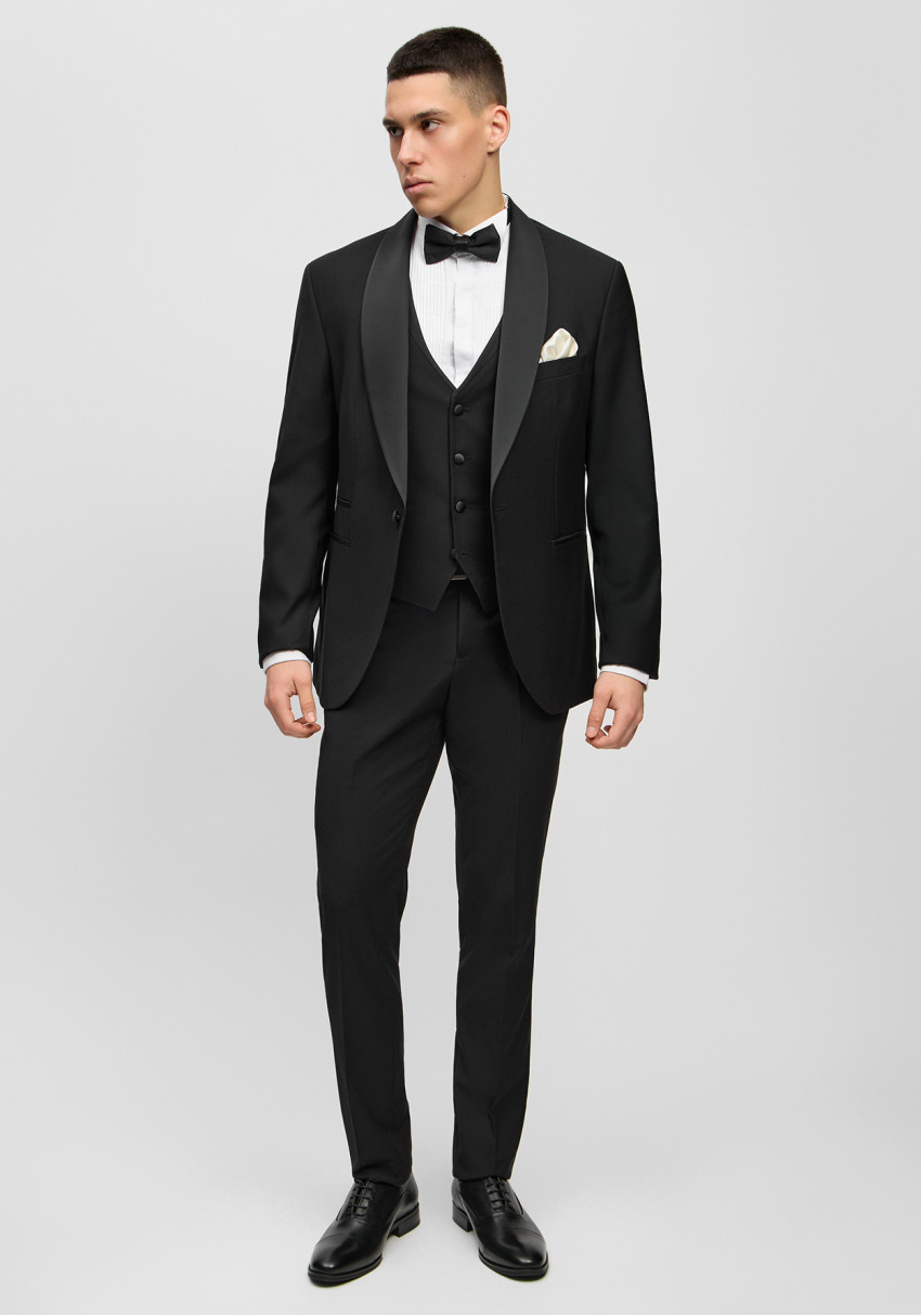 Класичний чоловічий смокінг трійка чорний з шалевим лацканом, Фото 1