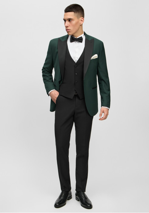 Класичний чоловічий смокінг зелений з чорним лацканом
