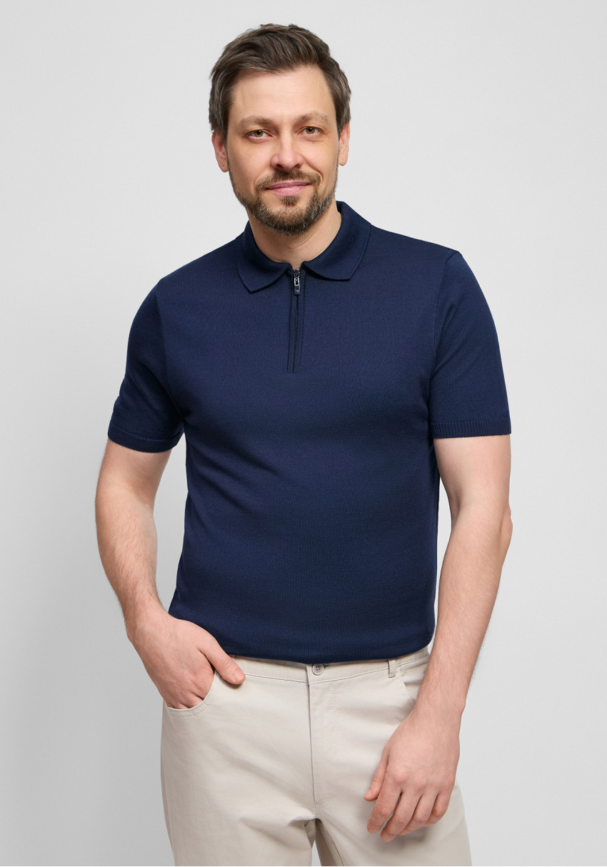 Classic men's navy blue zip polo, Photo 1