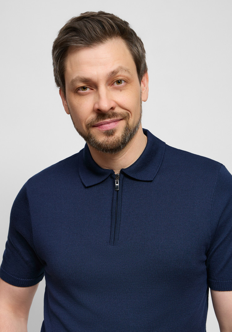 Classic men's navy blue zip polo, Photo 1