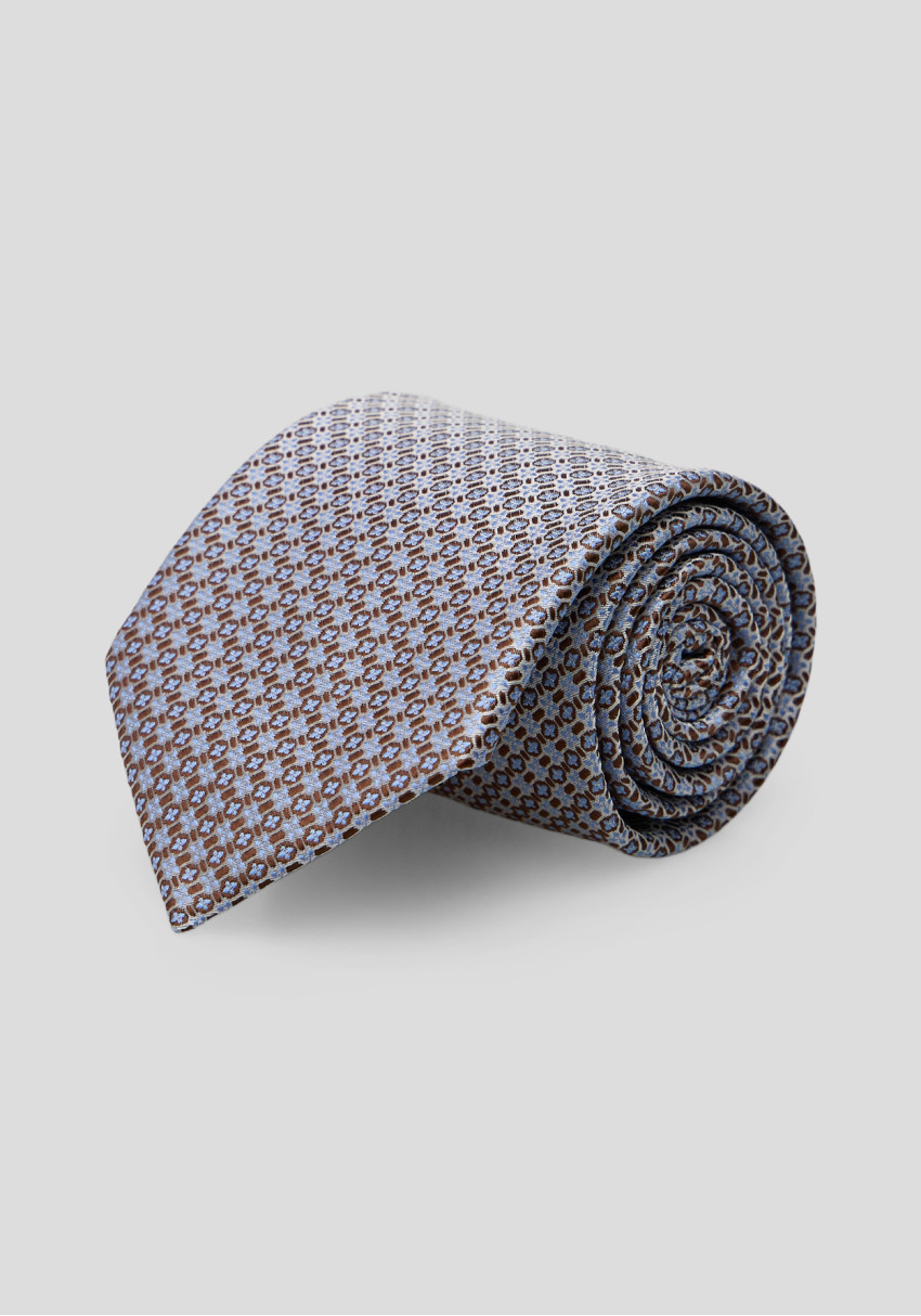 Men's tie in a beige and blue geometric pattern, Photo 1