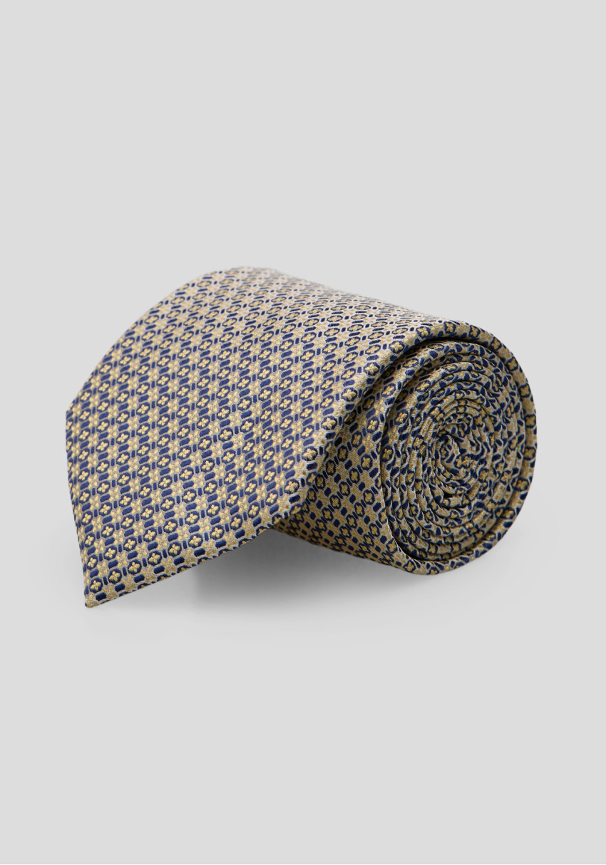 Men's tie in blue and gold with a geometric pattern, Photo 1