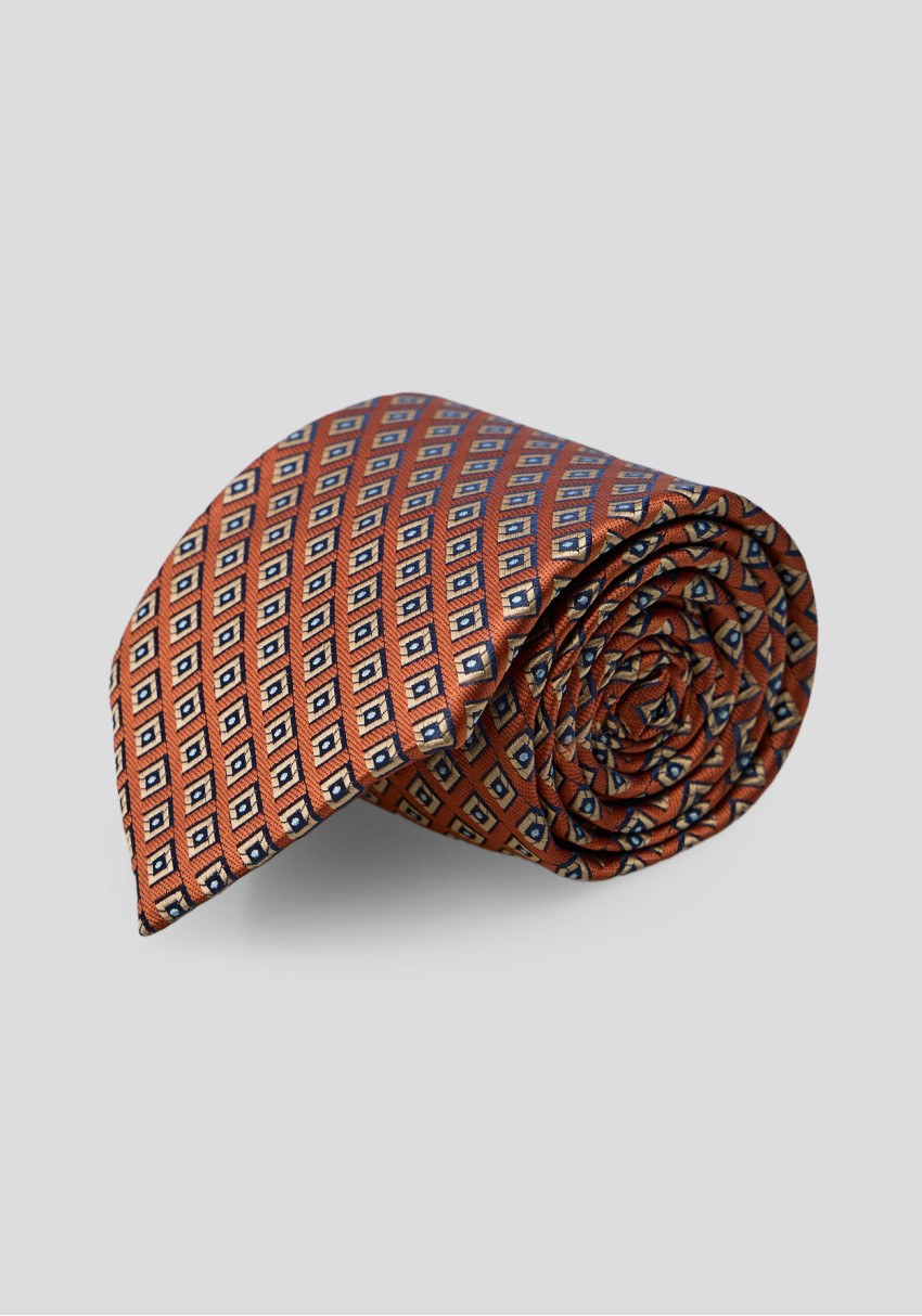 Men's tie brown with a blue diamond pattern, Photo 1