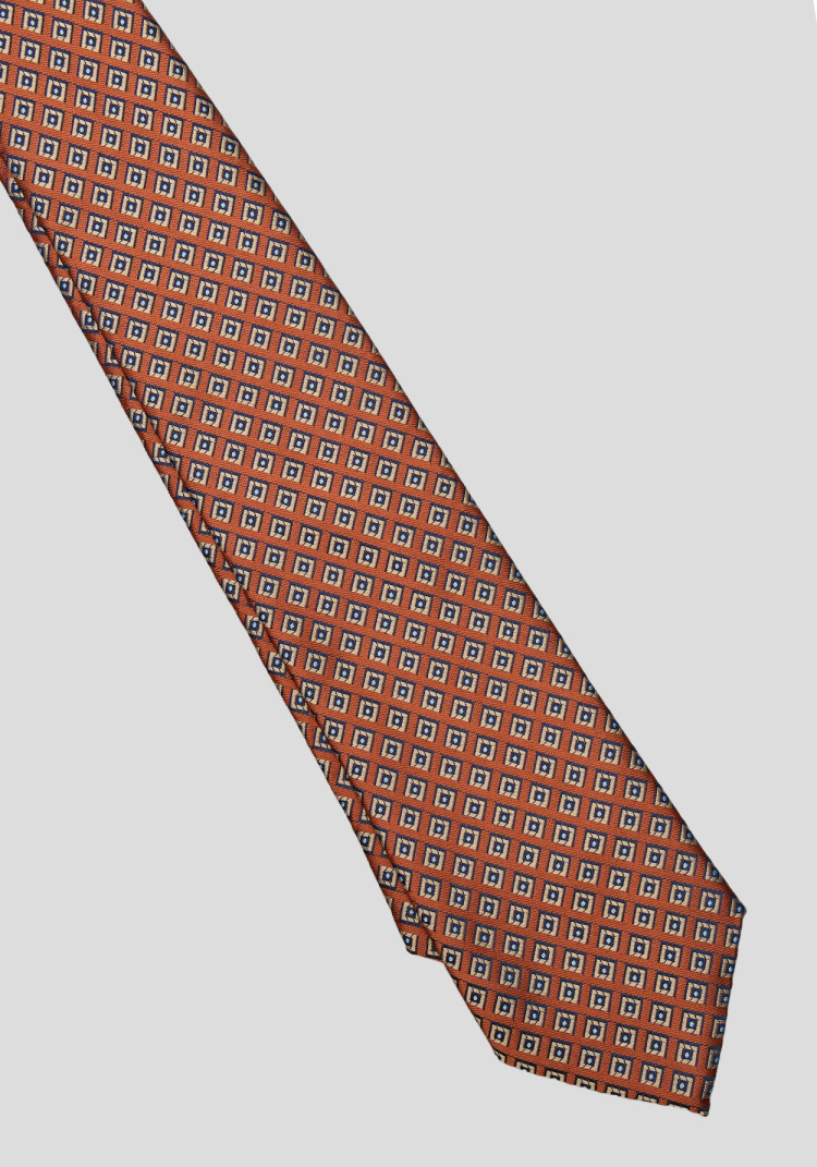 Men's tie brown with a blue diamond pattern, Photo 1