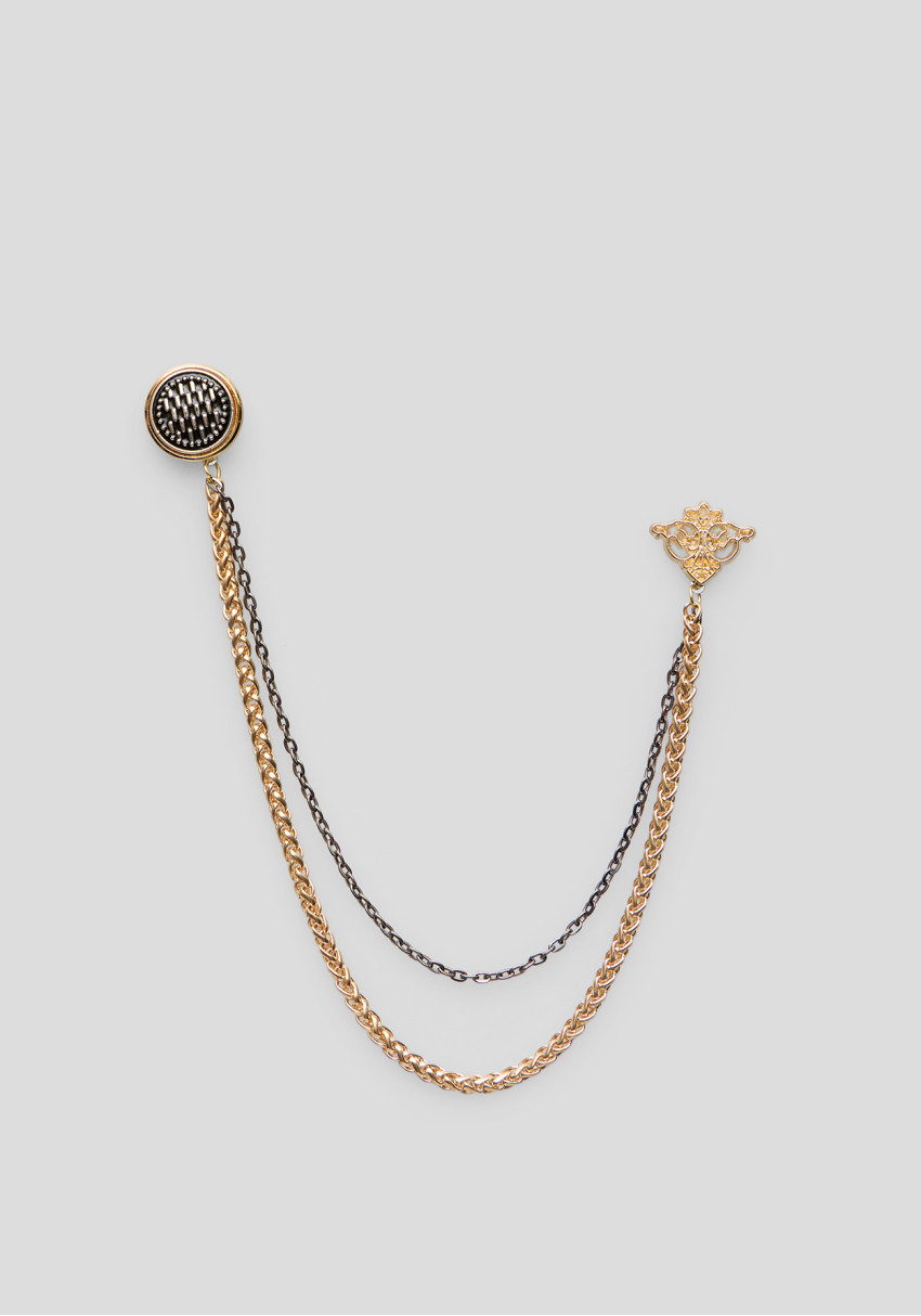 Чоловіча брошка на піджак із золотисто-срібним подвійним ланцюжком, Фото 1